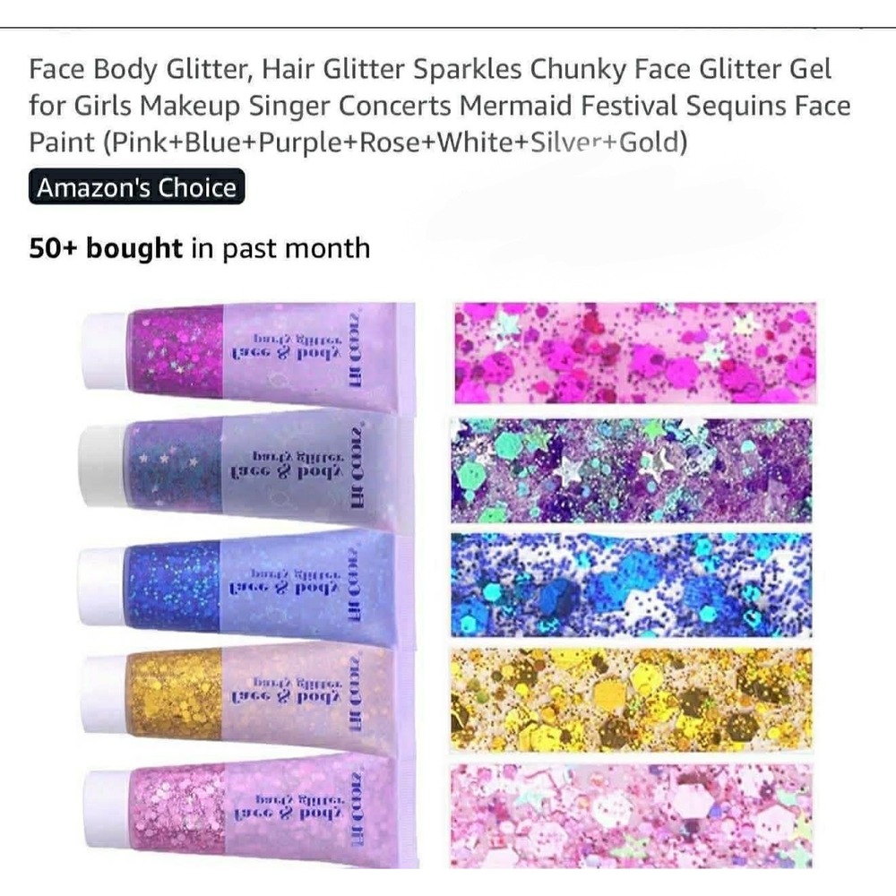 Face & Body Chunky Glitter Gel Set, Buildable Shimmer - Pink Blue Purple Gold